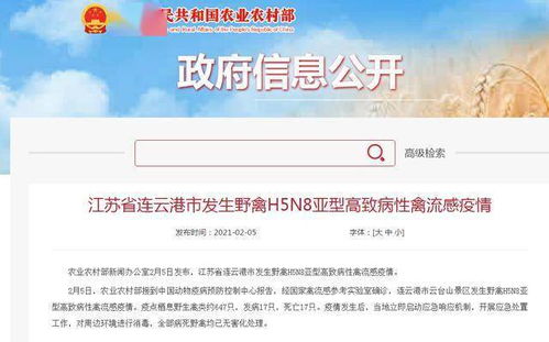 农业农村部 江苏省连云港市发生野禽H5N8亚型高致病性禽流感疫情